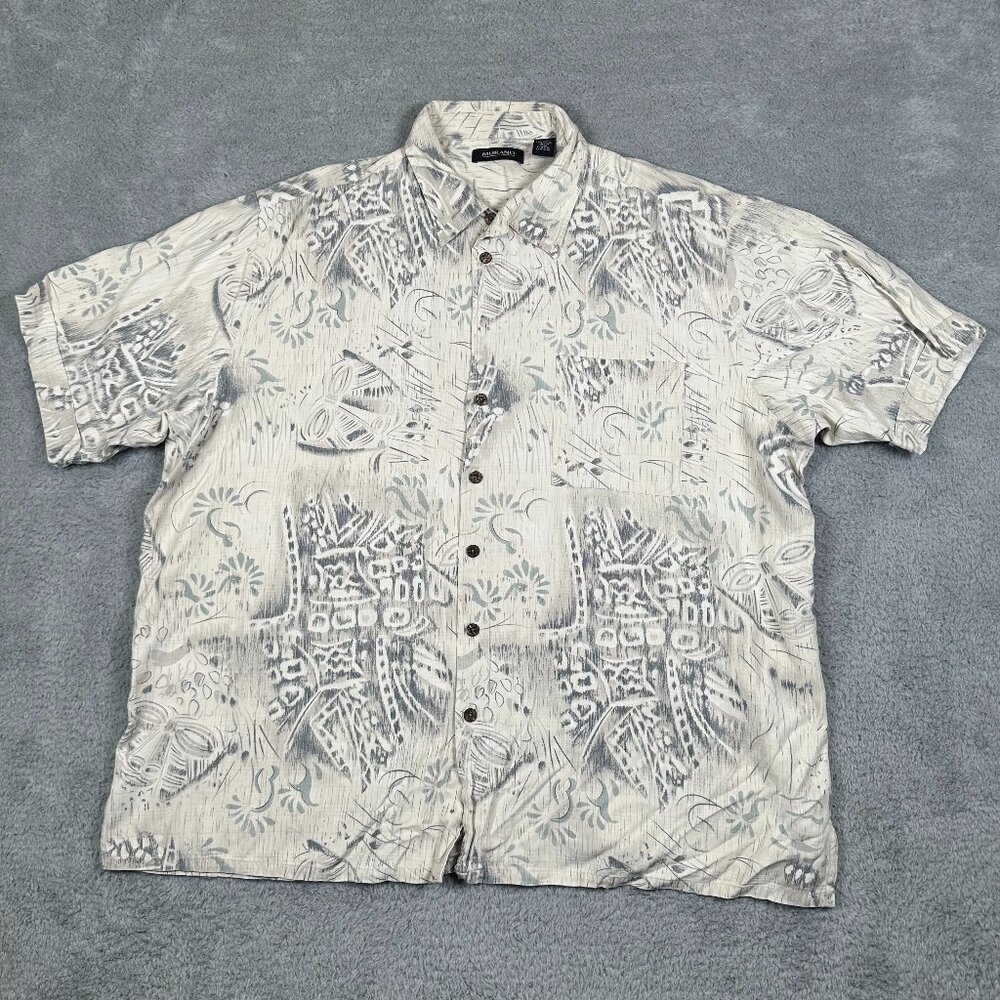 Murano Silk Short Sleeve Button Up Hawaiian Shirt Men’s Size 3XT Gray White‎
